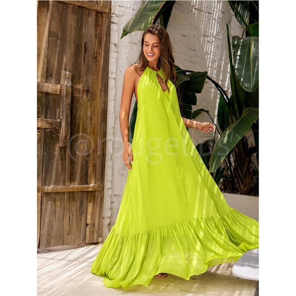 Lime Green Flowy Halter Cutout Maxi Flared Dress Backless Open Back - Picture 4 of 10